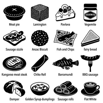 black and white vector silhouette set of australian traditional food