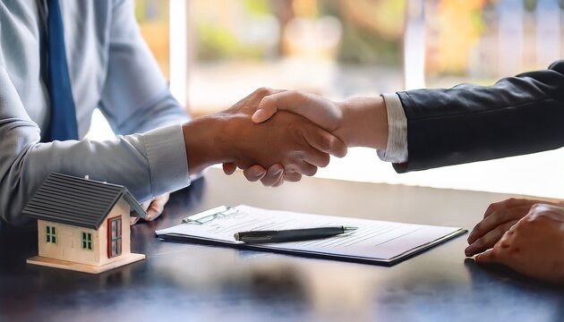 real estate agent and client engaging in a handshake after finalizing a contract for a new home with a miniature house and pen placed on the table symbolizing a successful deal