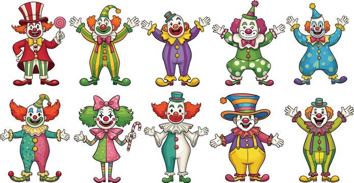Colorful Clown Set with Various Outfits, Poses, and Props for Kids, Carnival, and Fun Party Illustrations
