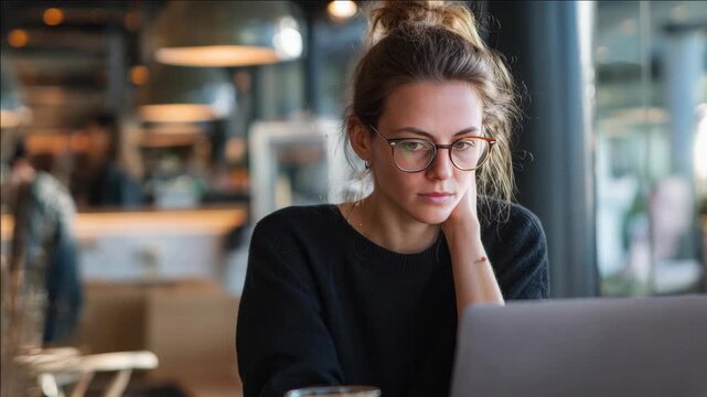 A woman wearing glasses works on a laptop at a cafe, with a thoughtful expression.