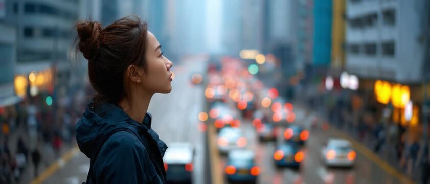 Contemplation in Cityscape: A young woman gazes over a bustling city street, lost in thought amidst the urban scenery.