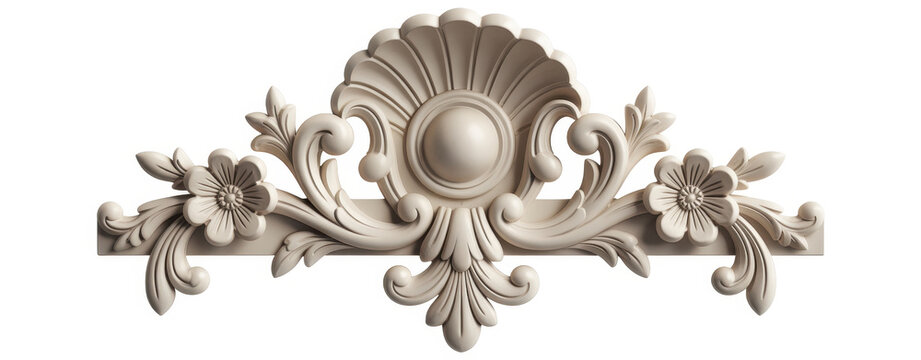 Classical white plaster decorative molding with floral and shell motifs isolated on white background