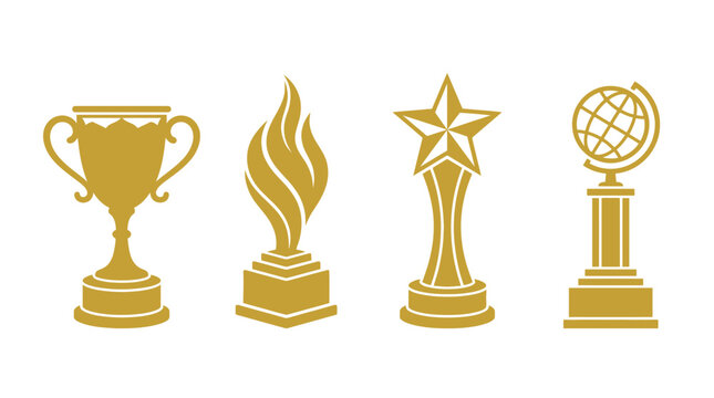 Golden trophies and awards icons set.