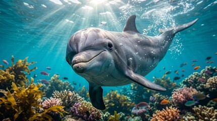 Fototapeta premium Playful Dolphin Swimming in a Vibrant Coral Reef Under Sunlight