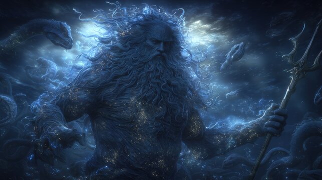 Greek mythology sea god Poseidon. Fantasy. A vivid portrayal of a mythical figure, likely a god or deity, set against a backdrop of swirling blue water. The figure has a long.