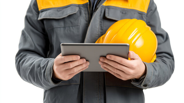 A construction worker holds a tablet and hard hat, showcasing modern technology in a safe work environment.