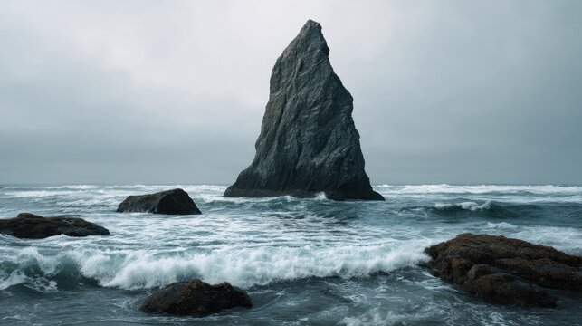Tall dark sea stack rising from stormy ocean waves near rocky coastline. Dramatic seascape with towering monolith formation in water. Nature landscape scenery for travel and exploration.
