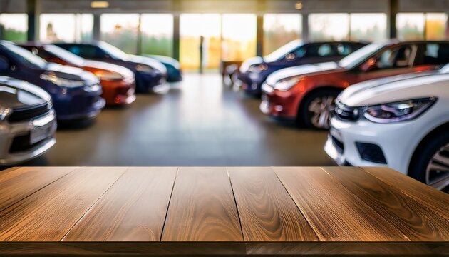empty table on a background of cars in the showroom car dealership blurred defocused background for montage of products space for text