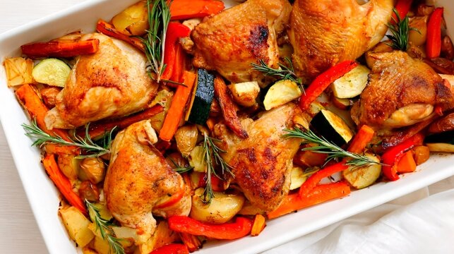 Baked chicken thighs with vegetables, potatoes, carrots, zucchini, and bell peppers