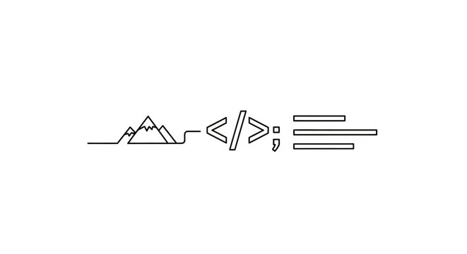 Coding symbols and mountain landscape outline.