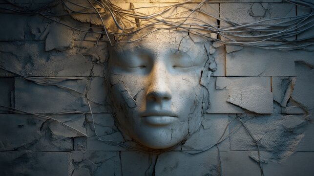 Woman face sculpture emerging from cracked stone wall with tangled electrical wires. Surreal representation of human fusion with technology and artificial intelligence development concept.