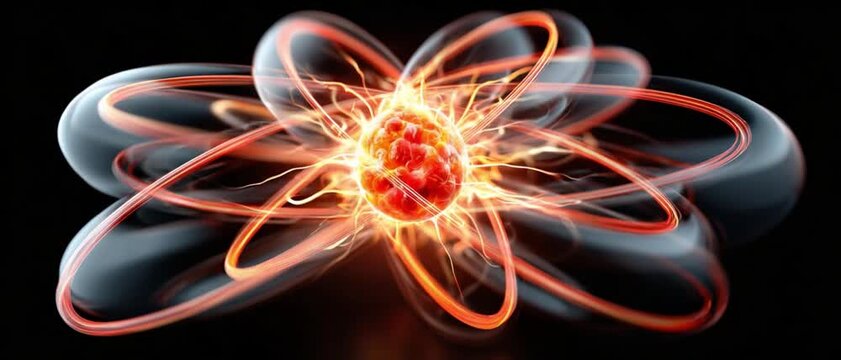 Atomic Nucleus Energy: A vibrant depiction of an atomic nucleus, radiating intense energy with swirling electron orbits, symbolizing the fundamental power of matter.