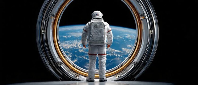 Astronaut's Earthly Gaze: An astronaut, garbed in a pristine spacesuit, stands by the circular window of a spacecraft.