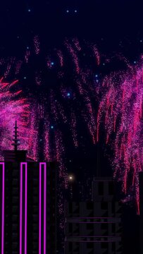 Vertical video: Magenta shell bursting, neon skyline glowing and fireworks cascading for city party