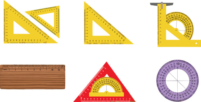 Vector Illustrations of Triangular and Circular Rulers, Protractor, Caliper, and Measurement Tools for Education and Design Themes