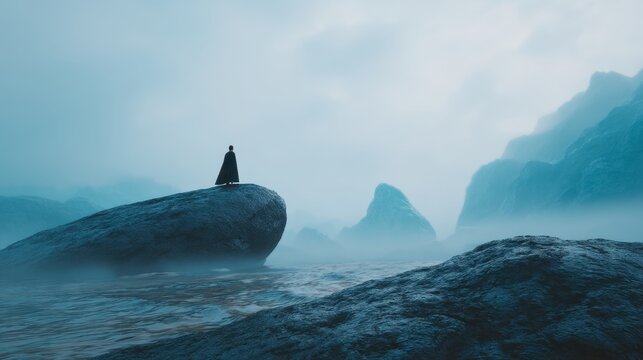 Man standing alone on rock in stormy ocean. Brave traveler looking at horizon in heavy fog. Exploration and journey concept. Adventure in fantasy landscape with mountains and sea.