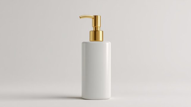 White ceramic soap dispenser with a gold pump. Minimalist bathroom accessory for liquid soap or lotion. Container for hygiene product in a modern home interior design concept.