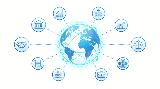 Global digital networking concept with a blue globe connected by data icons and circular networks representing analytics, cloud computing, finance, and business growth.