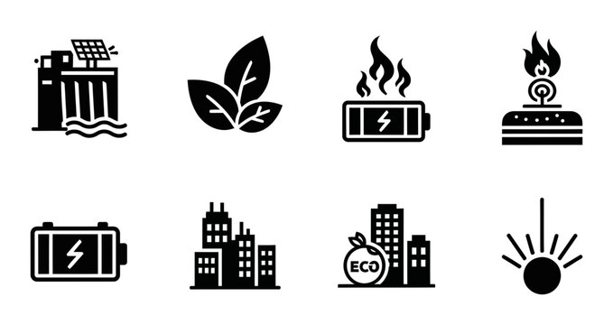 8 Ecology icons battery leaves solar dam city, outline solid styles, UI and web interface design