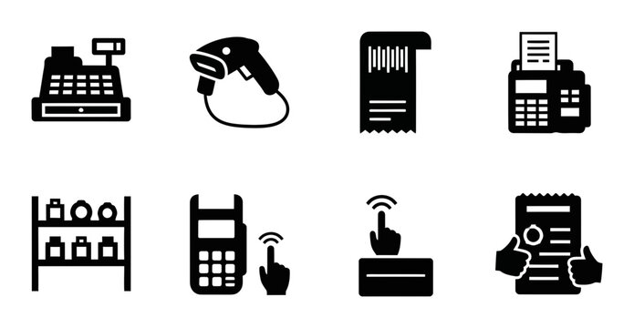 8 Retail Shopping icons cash register, barcode scanner, receipt and pos terminal, outline solid styles, UI and web interface design