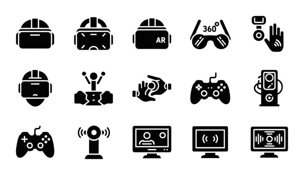 15 Virtual Reality icons VR headset, gamepad, augmented reality glasses, outline solid styles, UI and web interface design