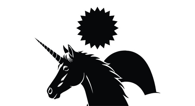 Majestic unicorn silhouette with sunburst mythical magical creature illustration for fantasy storybook or children's book design