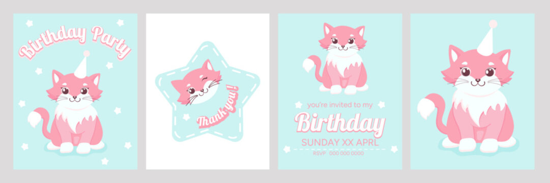 A cute and cheerful illustration of a cat birthday greeting card designed in a festive and playful style. The artwork features a joyful atmosphere with a charming cat in a celebration setting, symboli