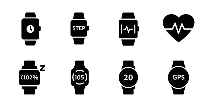 8 Smartwatch icons featuring heart rate, step counter, GPS and sleep tracker, outline solid styles, UI and web interface design