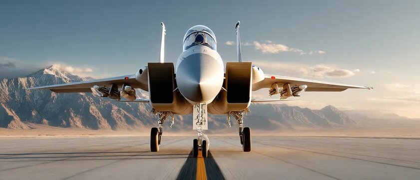 Fighter Jet on Runway: A powerful fighter jet stands poised on a runway, with majestic mountains and a clear sky in the background, ready for action.