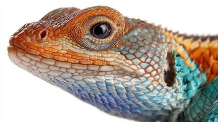 Obraz premium Colorful lizard head portrait with bright scales. Reptile macro photography isolating the eye and texture. Concept of exotic wildlife, biodiversity study and biology education.
