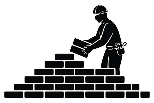 Silhouette of a construction worker or bricklayer building a brick wall, masonry work concept illustration