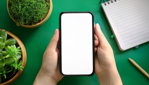 mockup of a blank iphone screen held in hand over a green background with plants and a notepad showcasing an eco friendly workspace aesthetic