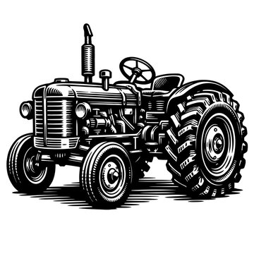 Black and white illustration of a classic tractor with large tires and a detailed engine, perfect for agricultural or vintage vehicle designs.