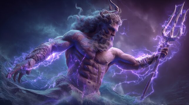 Greek mythology sea god Poseidon. Fantasy. A vivid portrayal of a muscular, bearded man with a trident, set against a dramatic backdrop of swirling clouds and lightning.