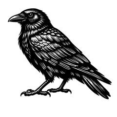 Obraz premium Detailed black and white illustration of a crow standing on a surface with sharp claws and feathers