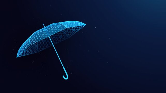 Abstract polygon umbrella shield protecting against cyber threats, featuring low poly geometric lines and dots for insurance security technology animated concept on blue background with copy space.