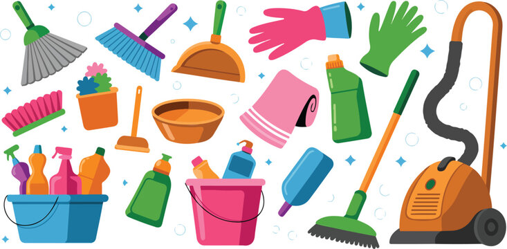 Set of professional house cleaning supplies bottles spray sponge brush gloves isolated hand drawn vector illustration collection