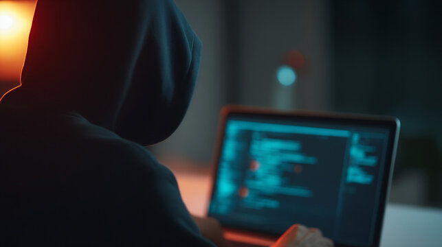 Hooded figure typing on laptop with glowing code on screen anonymous hacker concept computer