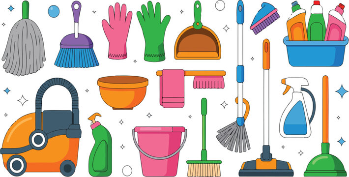 Set of professional house cleaning supplies bottles spray sponge brush gloves isolated hand drawn vector illustration collection
