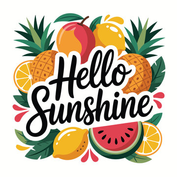 Summer fruit arrangement with hello sunshine text on white backdrop