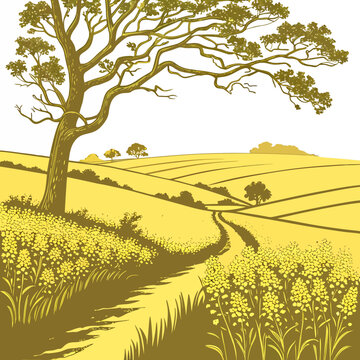 Golden field landscape with winding path and large tree vector illustration
