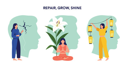Fototapeta premium Mental Health Self Care Illustration. Flat Vector Graphic. Psychological Healing Concept. Wellness Design.