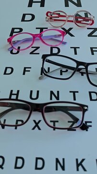 Collection of eyeglasses on an eye chart in a clinic during an eye test for vision correction