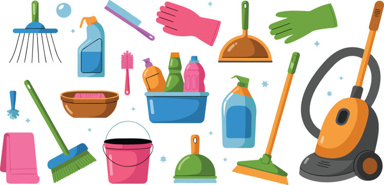 Set of professional house cleaning supplies bottles spray sponge brush gloves isolated hand drawn vector illustration collection