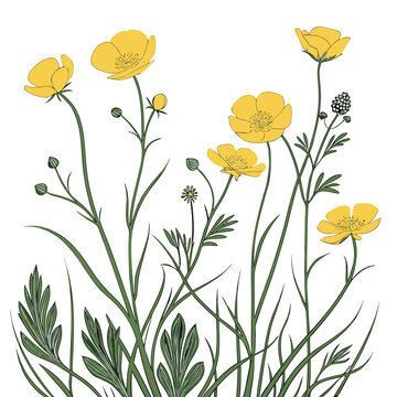 yellow poppy flowers and foliage minimalist botanical illustration on white