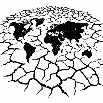 World map with cracked earth texture global drought concept on white background