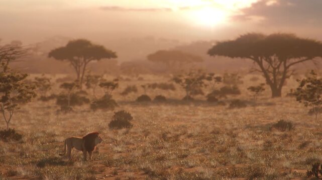 Lone lion in African savanna during golden hour, wide scenic landscape with acacia trees and warm sunlight, cinematic wildlife shot with atmospheric haze and large copy space for background use.