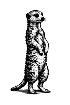 A vigilant meerkat standing upright on its hind legs, looking alert and watchful in a black and white illustration