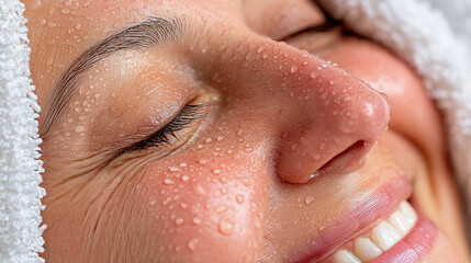Obraz premium Close up of woman's face covered in sweat and water droplets feeling hot droplets moisture