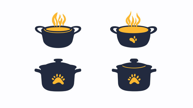 Four stylized illustrations of dark pots, some with steam, paw prints, and covers